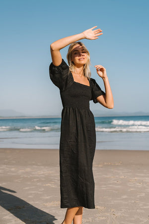 Vestido Midi De Lino Con Nido De Abeja Y Mangas Abullonadas