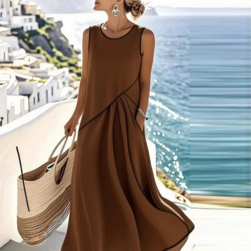 Sin mangas color café Color Vestido Midi Playa Mujer Escote en V Estilo Bohemio