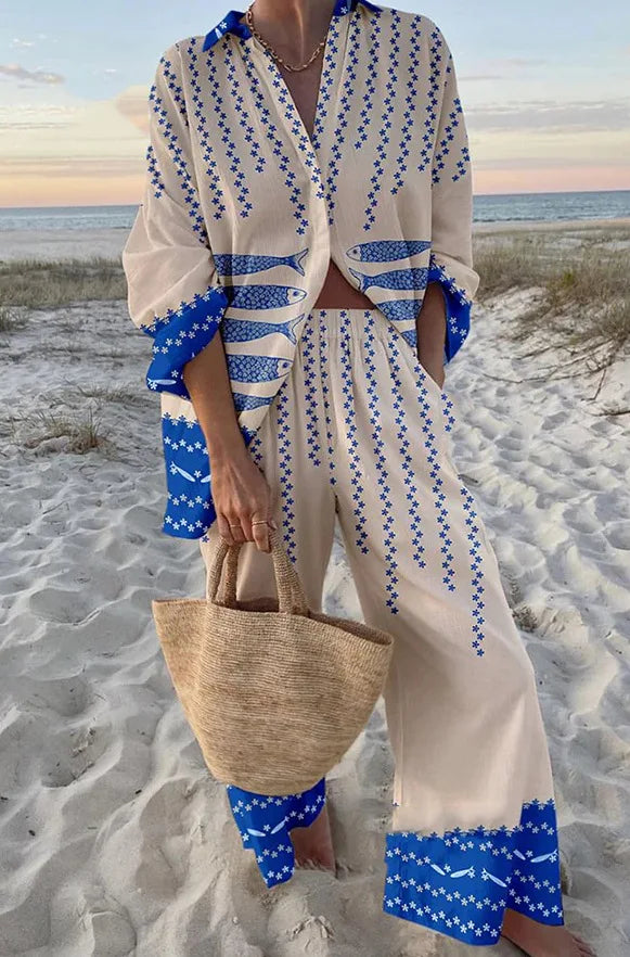 XY020 Color Conjunto Mujer Camisa y Pantalón Ancho Estampado Casual