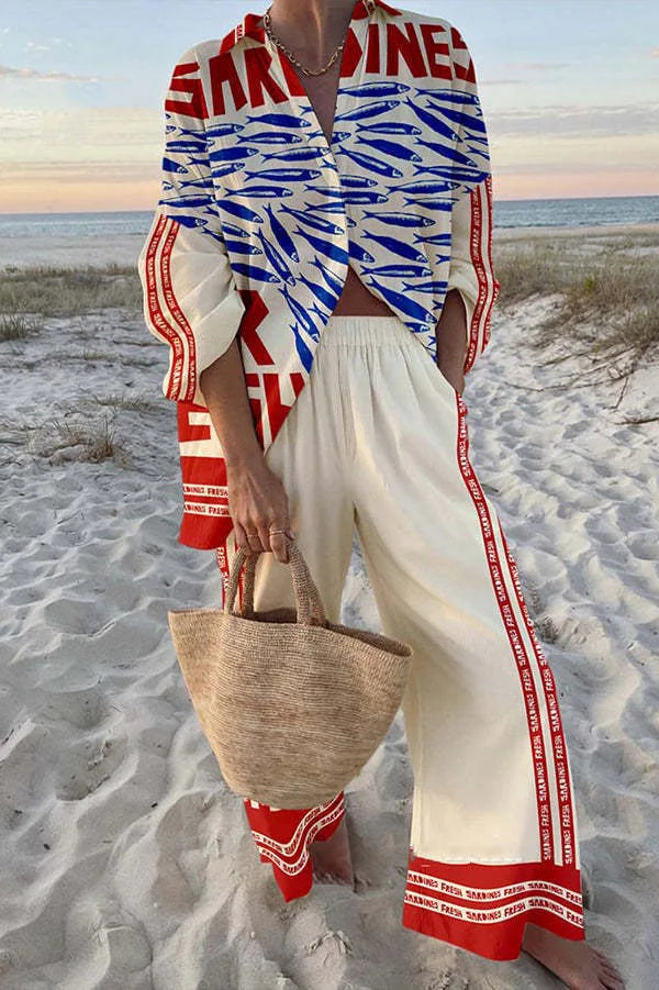 XY007 Color Conjunto Mujer Camisa y Pantalón Ancho Estampado Casual