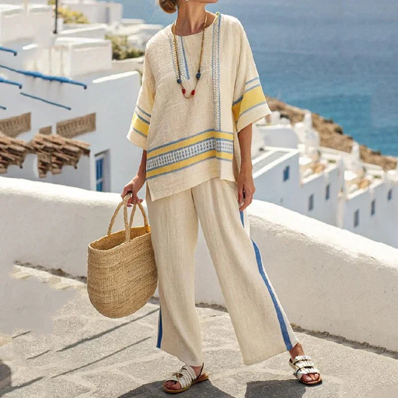 Estilo4 Color Conjunto Casual de Mujer a Rayas con Top y Pantalón