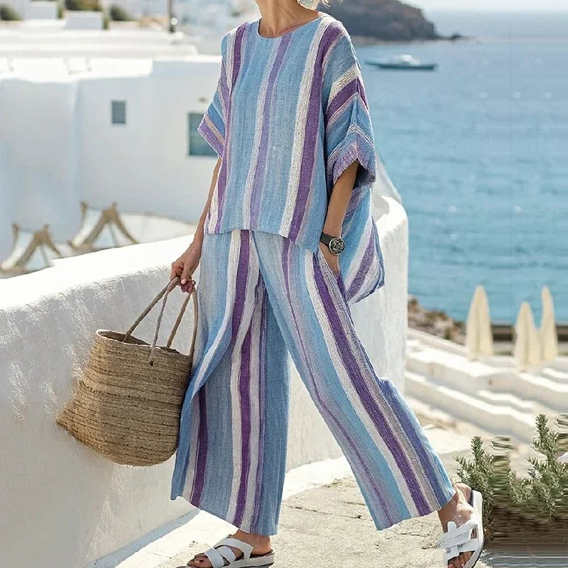 Estilo5 Color Conjunto Casual de Mujer a Rayas con Top y Pantalón