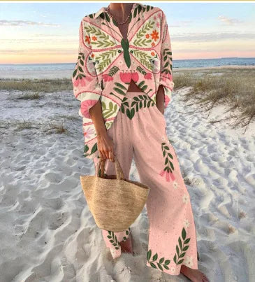 XY021 Color Conjunto Mujer Camisa y Pantalón Ancho Estampado Casual