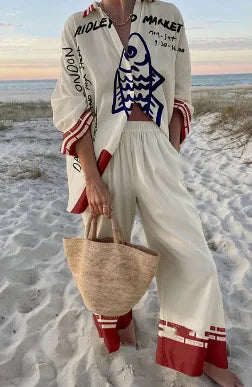 XY008 Color Conjunto Mujer Camisa y Pantalón Ancho Estampado Casual