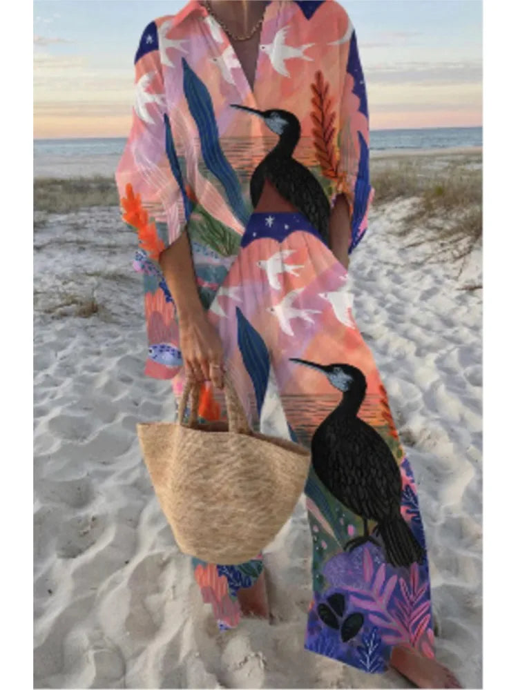 Conjunto Mujer Camisa y Pantalón Ancho Estampado Casual