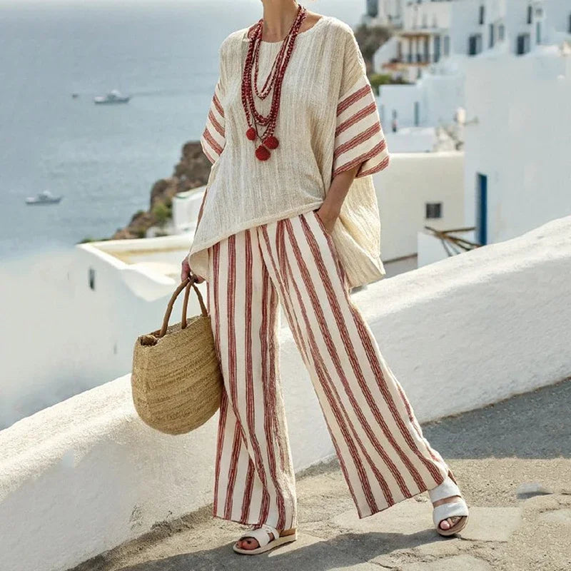 Estilo2 Color Conjunto Casual de Mujer a Rayas con Top y Pantalón