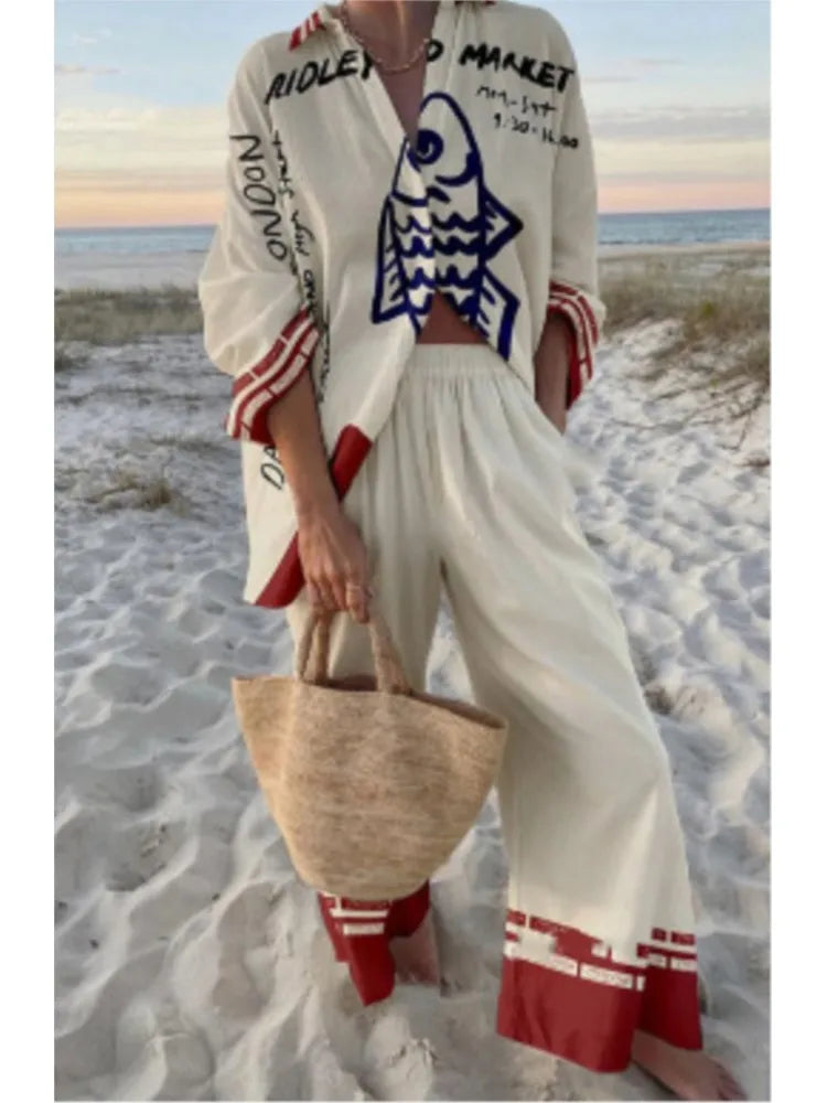 Conjunto Mujer Camisa y Pantalón Ancho Estampado Casual