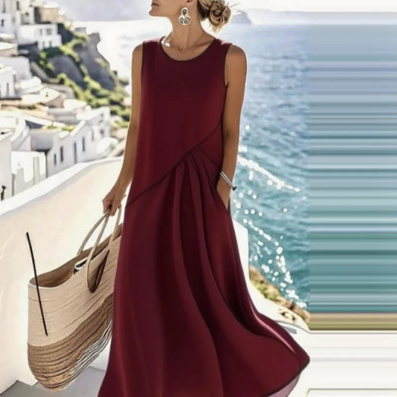 Sin mangas rojo vino Color Vestido Midi Playa Mujer Escote en V Estilo Bohemio