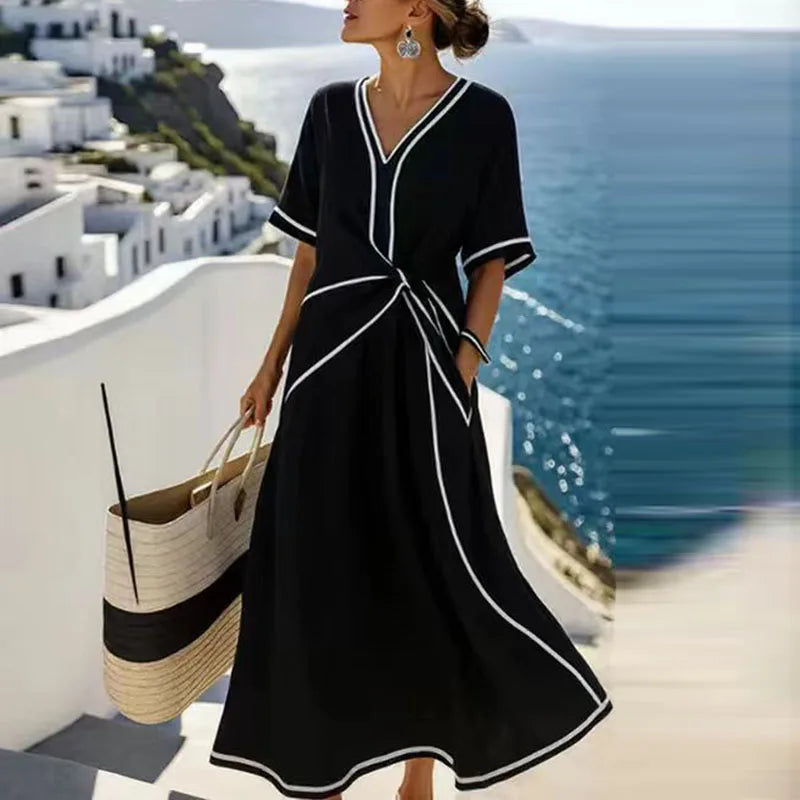 Negro Color Vestido Midi Playa Mujer Escote en V Estilo Bohemio