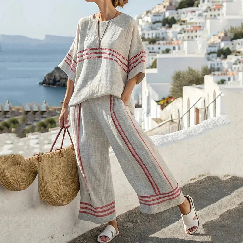 Estilo6 Color Conjunto Casual de Mujer a Rayas con Top y Pantalón