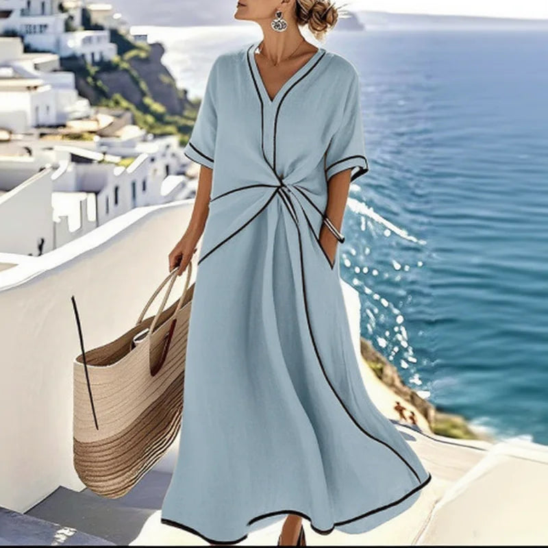 Azul Color Vestido Midi Playa Mujer Escote en V Estilo Bohemio