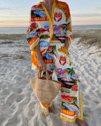 XY014 Color Conjunto Mujer Camisa y Pantalón Ancho Estampado Casual