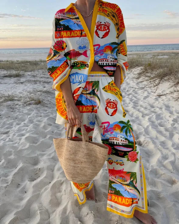 XY014 Color Conjunto Mujer Camisa y Pantalón Ancho Estampado Casual