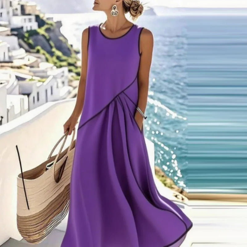 Sin mangas morado Color Vestido Midi Playa Mujer Escote en V Estilo Bohemio