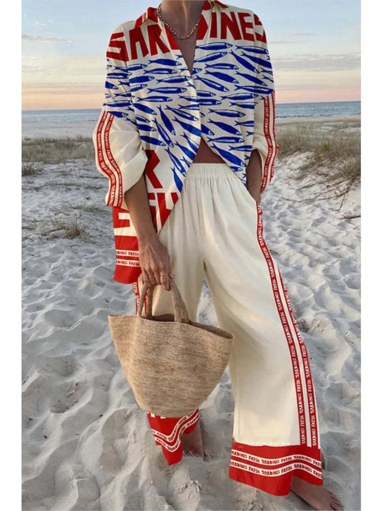 Conjunto Mujer Camisa y Pantalón Ancho Estampado Casual