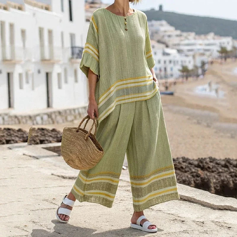 Estilo3 Color Conjunto Casual de Mujer a Rayas con Top y Pantalón