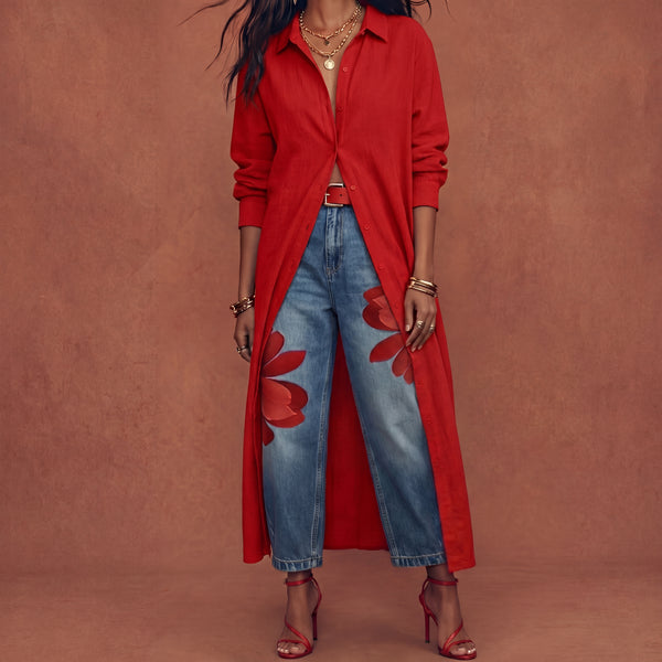 Conjunto Vestido Camisero Rojo y Jeans Anchos Florales