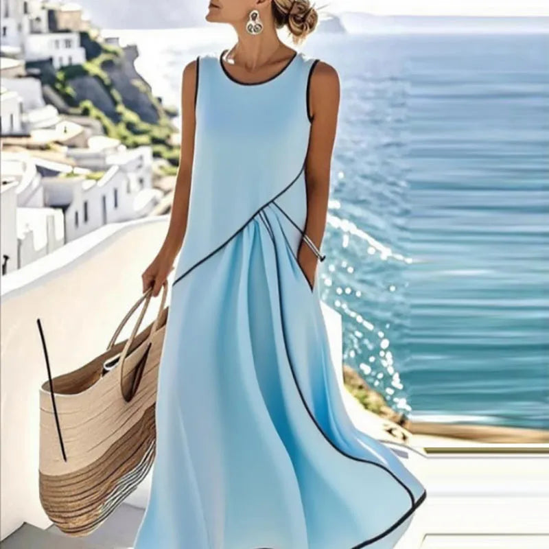 Sin mangas azul cielo Color Vestido Midi Playa Mujer Escote en V Estilo Bohemio