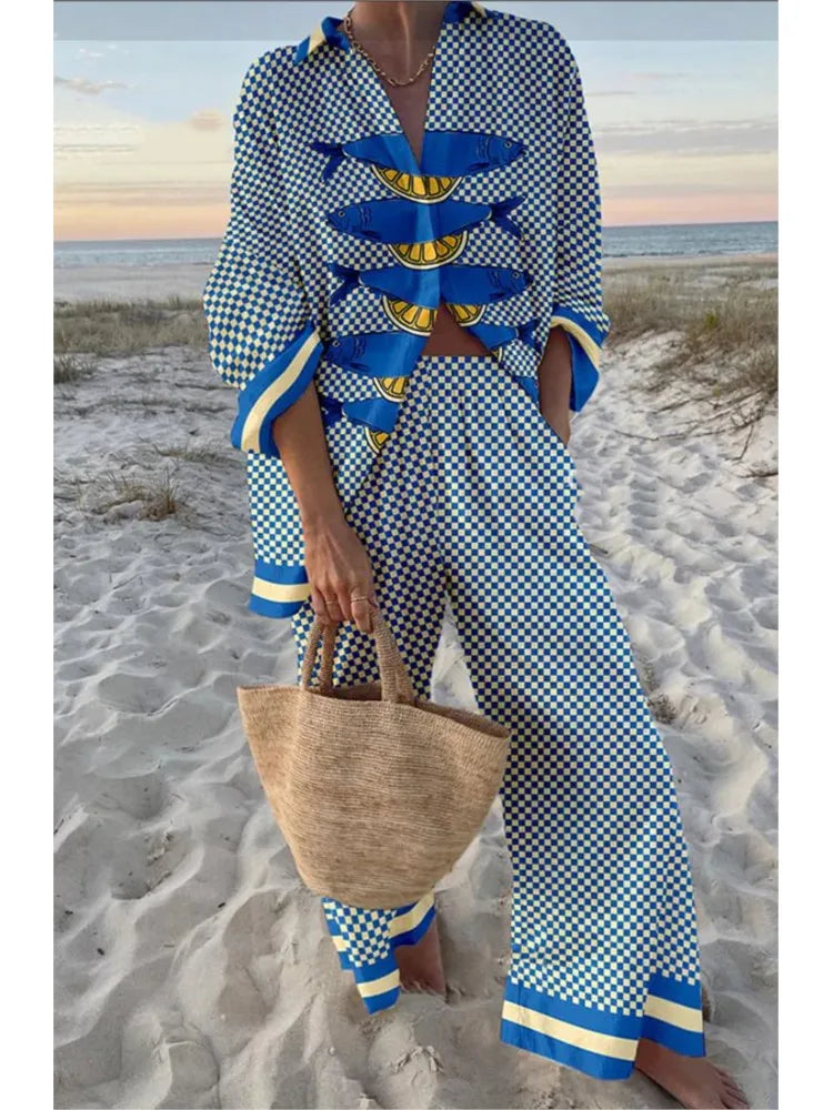 Conjunto Mujer Camisa y Pantalón Ancho Estampado Casual