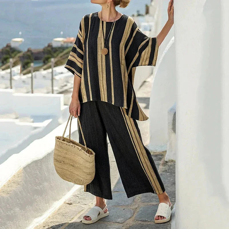 Estilo7 Color Conjunto Casual de Mujer a Rayas con Top y Pantalón