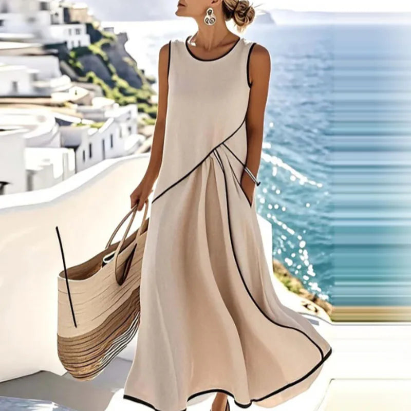 Sin mangas color albaricoque Color Vestido Midi Playa Mujer Escote en V Estilo Bohemio