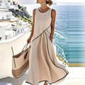 Sleeveless Apricot Color Midi Beach Dress Women's V-Neck Bohemian Style