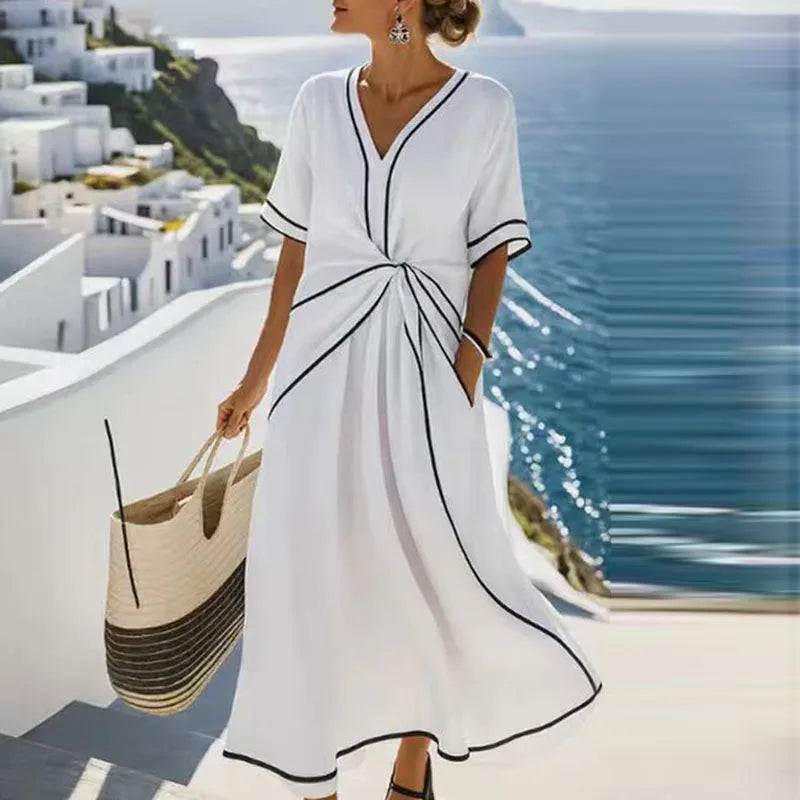 Blanco Color Vestido Midi Playa Mujer Escote en V Estilo Bohemio