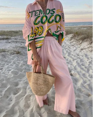 XY009 Color Conjunto Mujer Camisa y Pantalón Ancho Estampado Casual