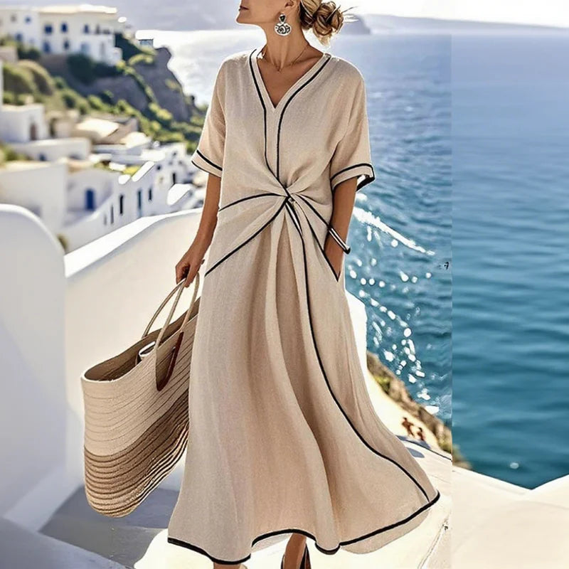 Albaricoque Color Vestido Midi Playa Mujer Escote en V Estilo Bohemio