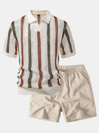 Conjunto Polo Crochet Rayas y Shorts Texturizados