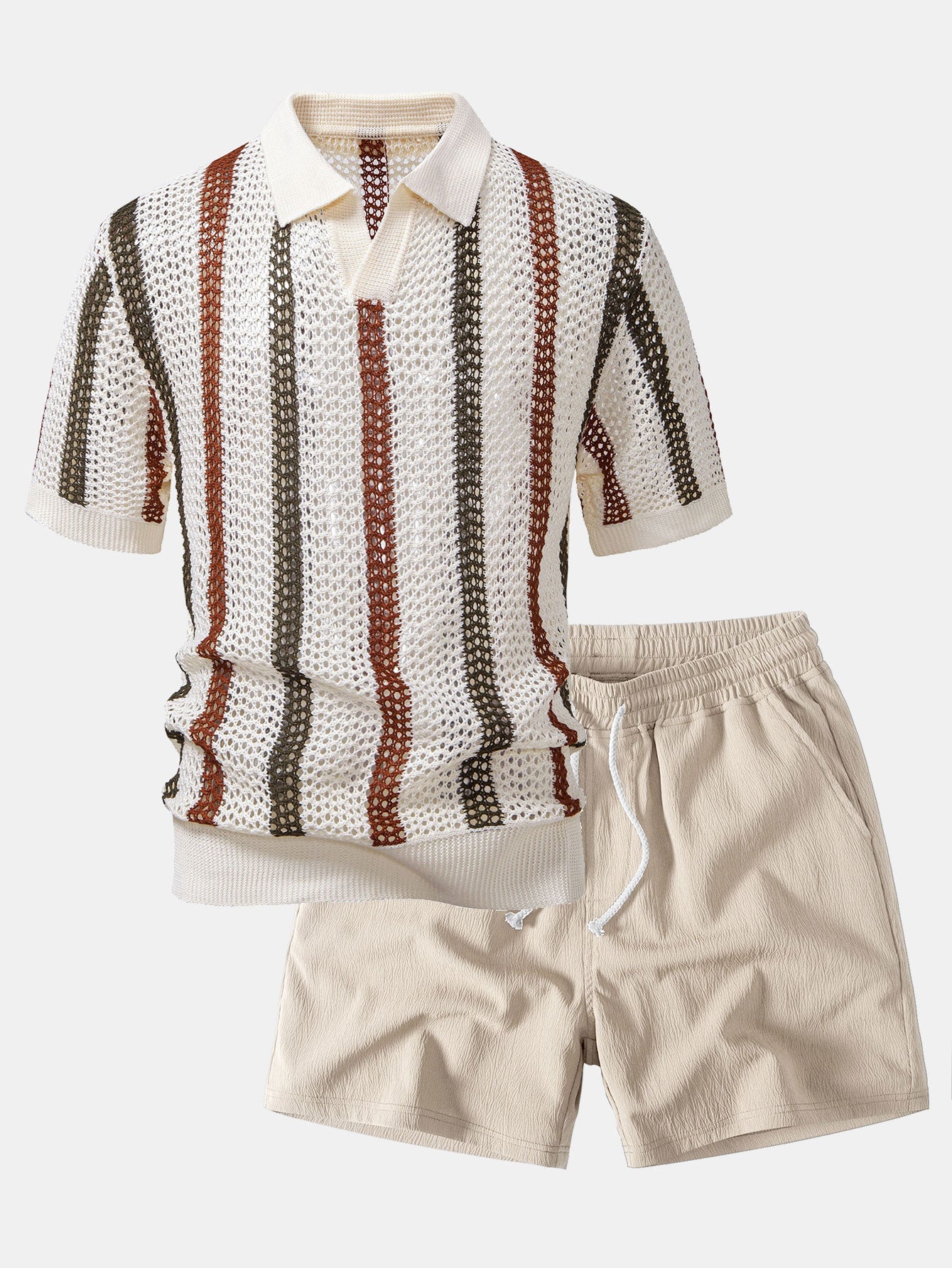 Conjunto Polo Crochet Rayas y Shorts Texturizados
