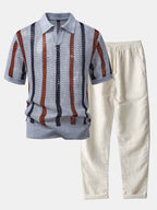 Conjunto Polo Crochet Rayas y Pantalón Recto de Lino