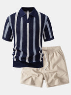 Conjunto Polo Crochet Rayas y Shorts Texturizados
