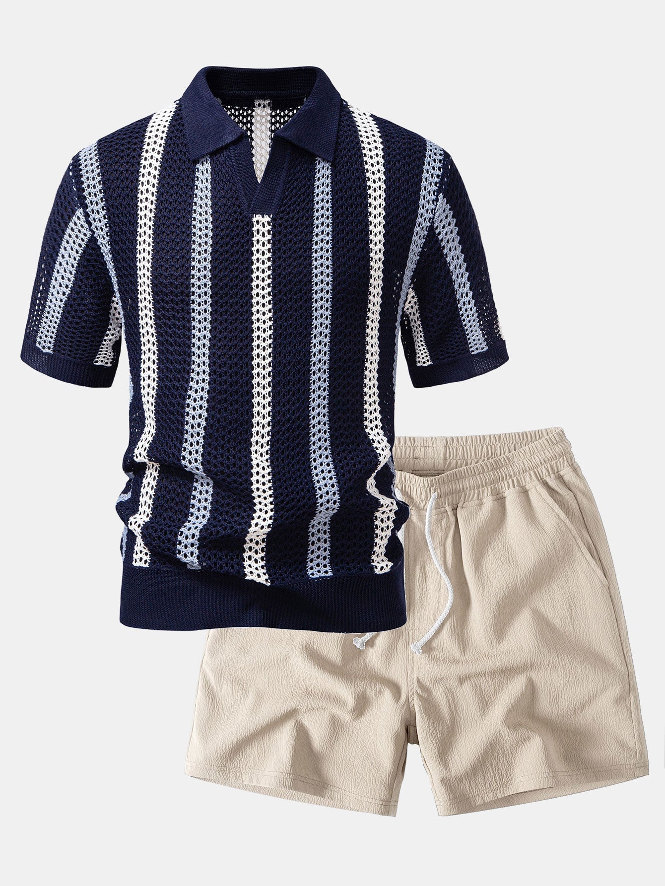 Conjunto Polo Crochet Rayas y Shorts Texturizados