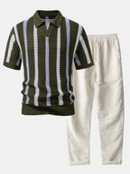 Conjunto Polo Crochet Rayas y Pantalón Recto de Lino