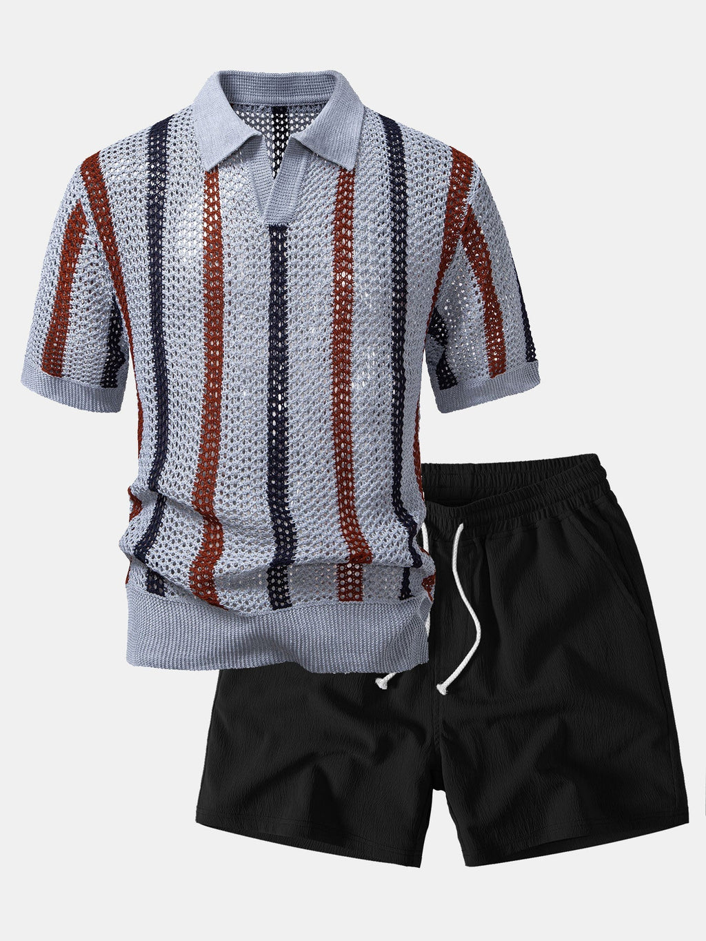 Conjunto Polo Crochet Rayas y Shorts Texturizados