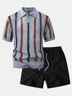 Conjunto Polo Crochet Rayas y Shorts Texturizados