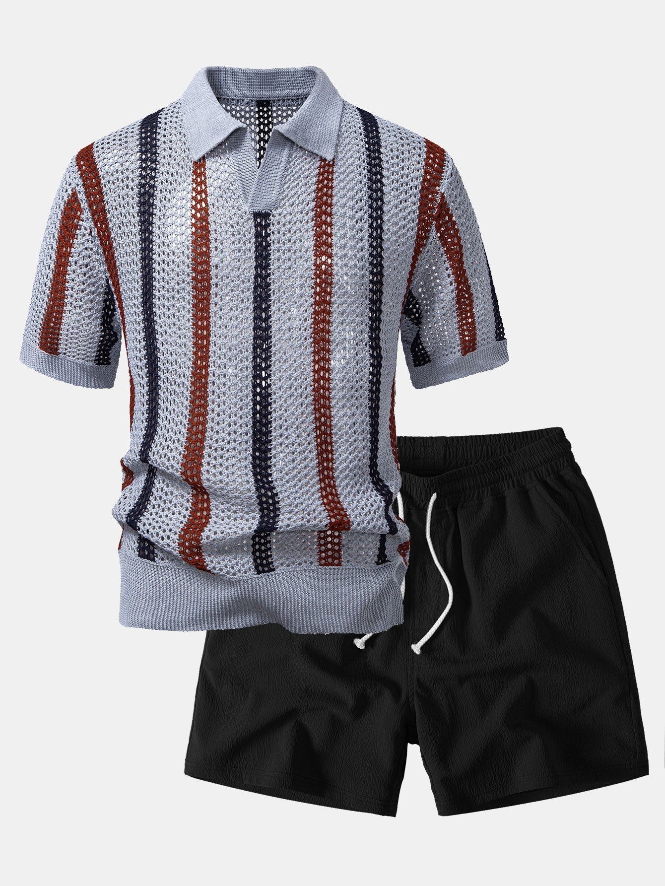 Conjunto Polo Crochet Rayas y Shorts Texturizados