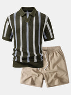Conjunto Polo Crochet Rayas y Shorts Texturizados
