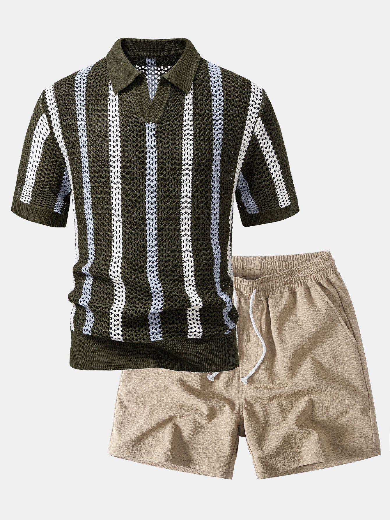 Conjunto Polo Crochet Rayas y Shorts Texturizados