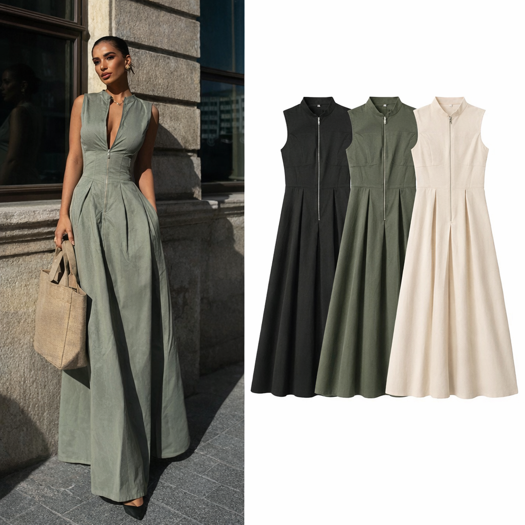 Vestido Entallado con Cremallera y Falda Fluida