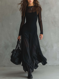 Vintage Black Tulle Maxi Dress with Sheer Sleeves