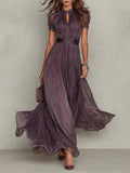 Long Chiffon Dress with Lace and Teardrop Neckline