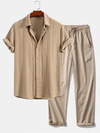 Conjunto Camisa Jacquard Geométrica y Pantalón Recto