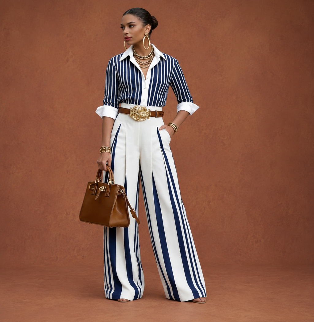 Conjunto De Mujer A Rayas Con Camisa Y Pantalón Ancho