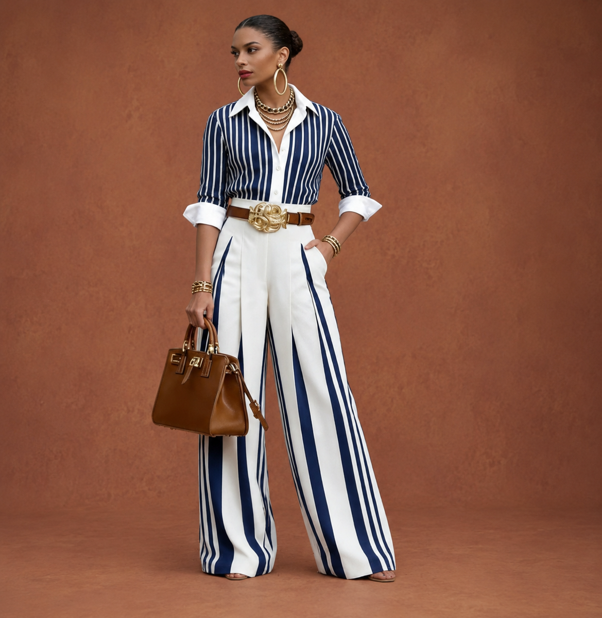 Conjunto De Mujer A Rayas Con Camisa Y Pantalón Ancho