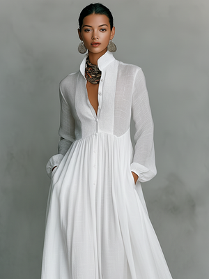 Vestido Maxi De Algodón Y Lino Con Cuello Alzado