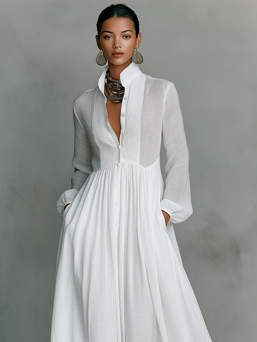 Maxikleid aus Baumwolle und Leinen mit Stehkragen