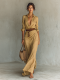 Elegant Women's Maxi Dress with Collar and Belt