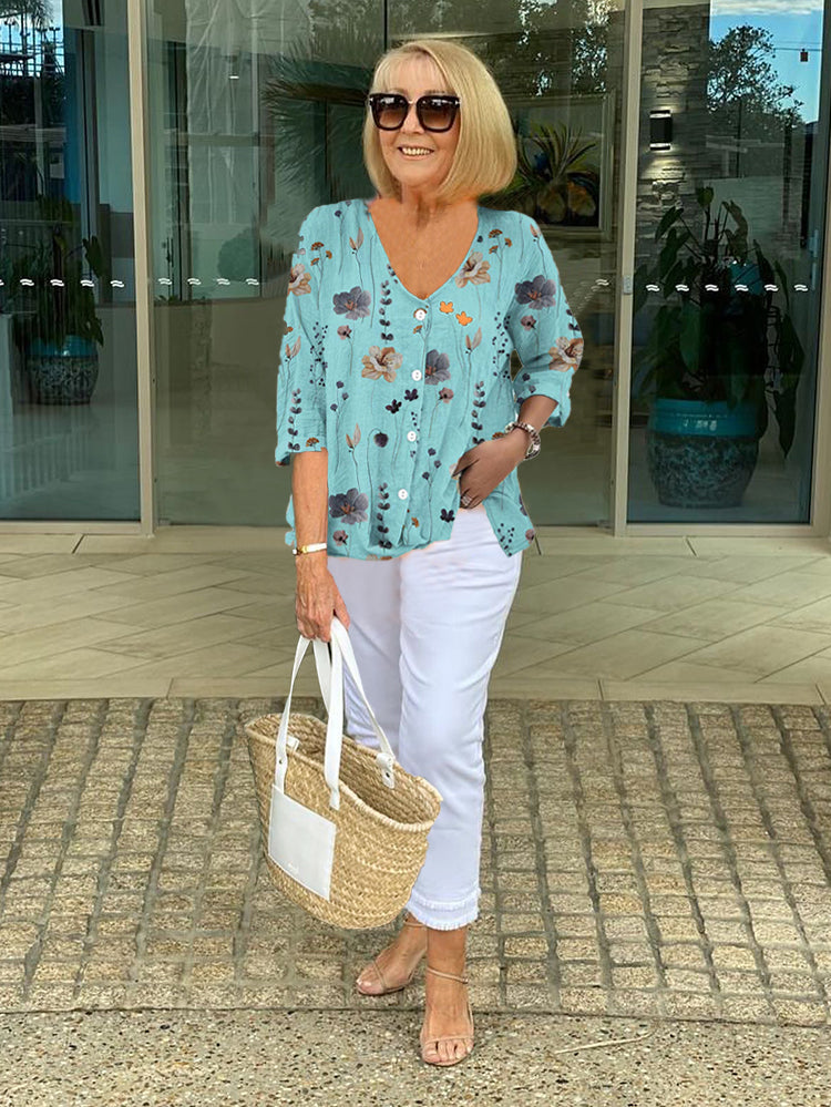 Blusa Floral Elegante con Escote en V Relajado